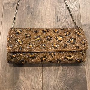 Retro Golden Leopard Beaded Clutch w/ chain strap